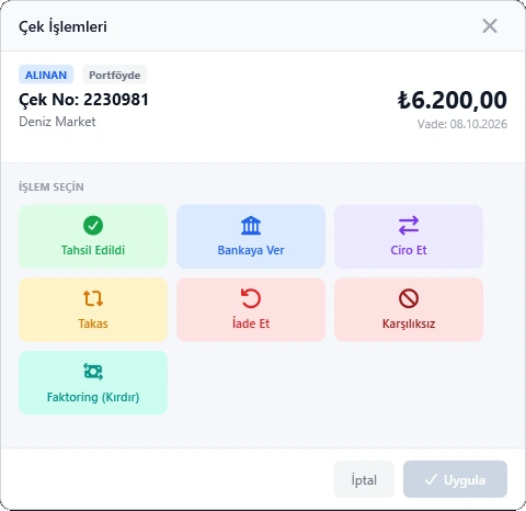 Çek & Senet — Çek işlemleri