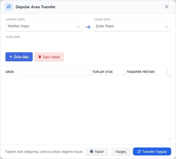 Depolar, Transfer ve Sayım — Depolar arası transfer