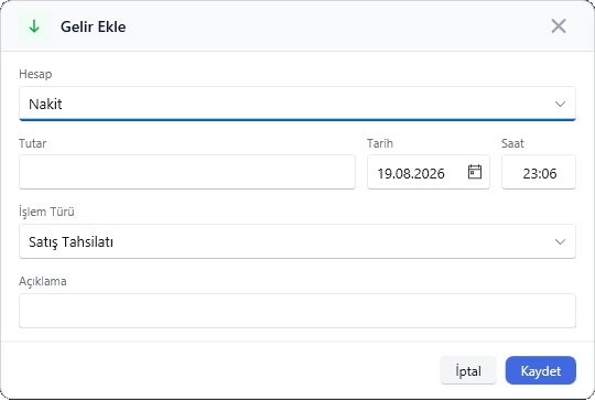Kasa, Banka ve POS — Gelir ve gider ekleme