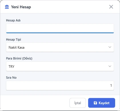 Kasa, Banka ve POS — Hesap tanımlama