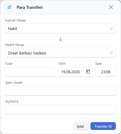 Kasa, Banka ve POS — Hesaplar arası transfer