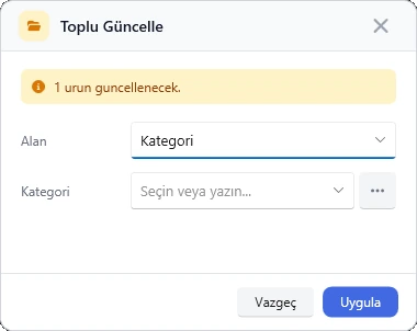 Ürün — Hızlı işlemler: fiyat değiştir, serbest stok, kategori